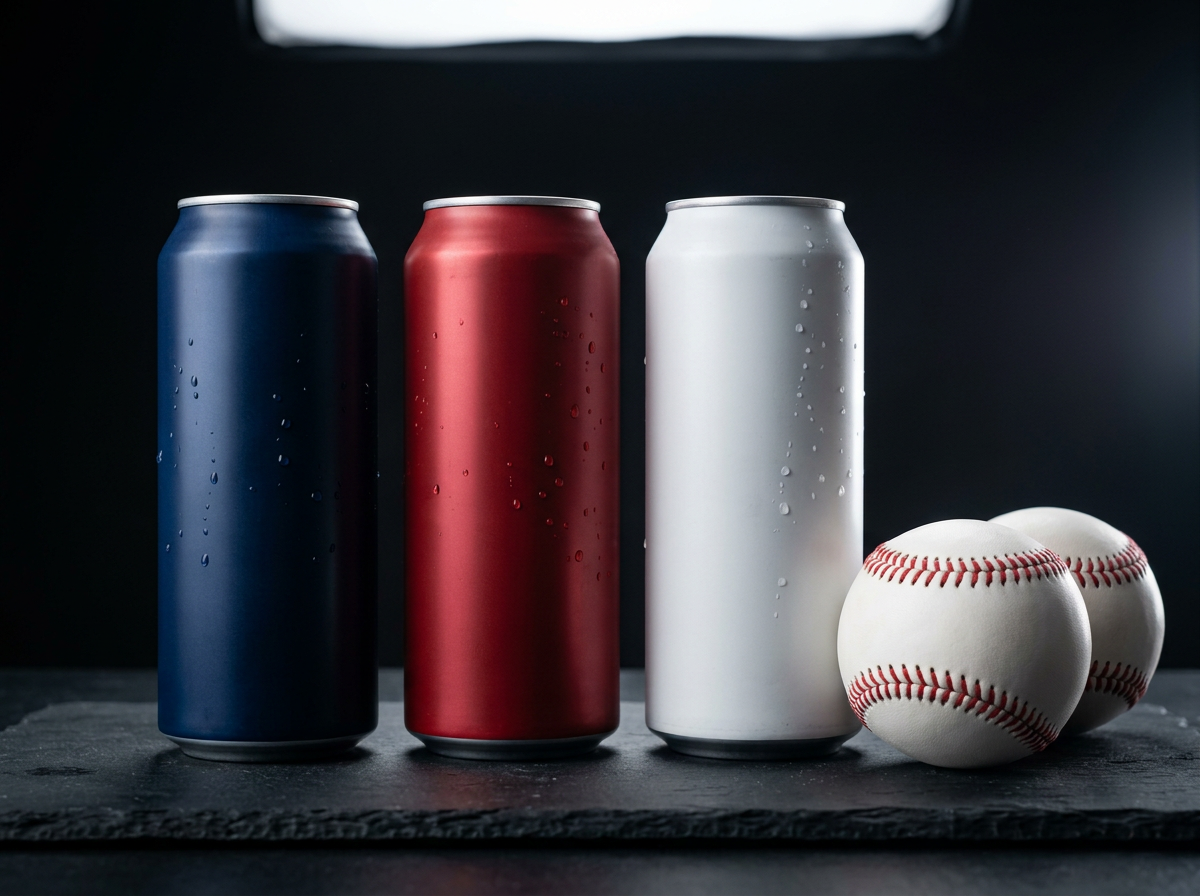 Navy, red and white energy drink cans beside two baseballs