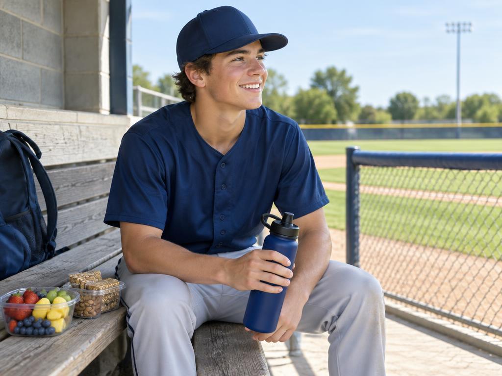 Young baseball player with water and healthy snacks in a dugout